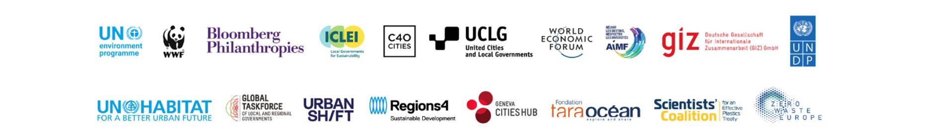 une grille des logos des organisations partenaires du forum international de paris pour mettre fin à la pollution plastique dans les villes