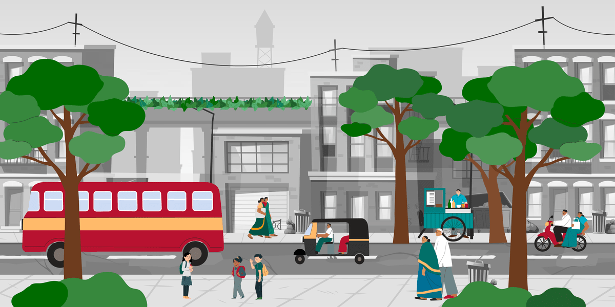 Illustration d'une scène urbaine avec des arbres, un bus et des gens qui marchent et voyagent.