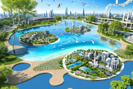 une visualisation d'une ville positive pour la nature avec une économie circulaire. ai généré
