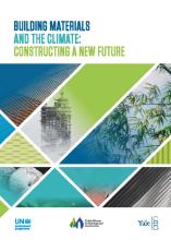 la couverture du rapport Matériaux de construction et climat : construire un nouvel avenir. thème bleu et vert, avec des motifs géométriques représentant des bâtiments et des images de la nature.