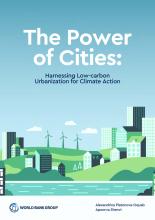 la couverture du rapport Le pouvoir des villes : Exploiter l'urbanisation à faible émission de carbone pour agir sur le climat. La couverture est une illustration graphique d'une ligne d'horizon urbaine avec des éoliennes en arrière-plan, dans des tons de bleu et de vert.